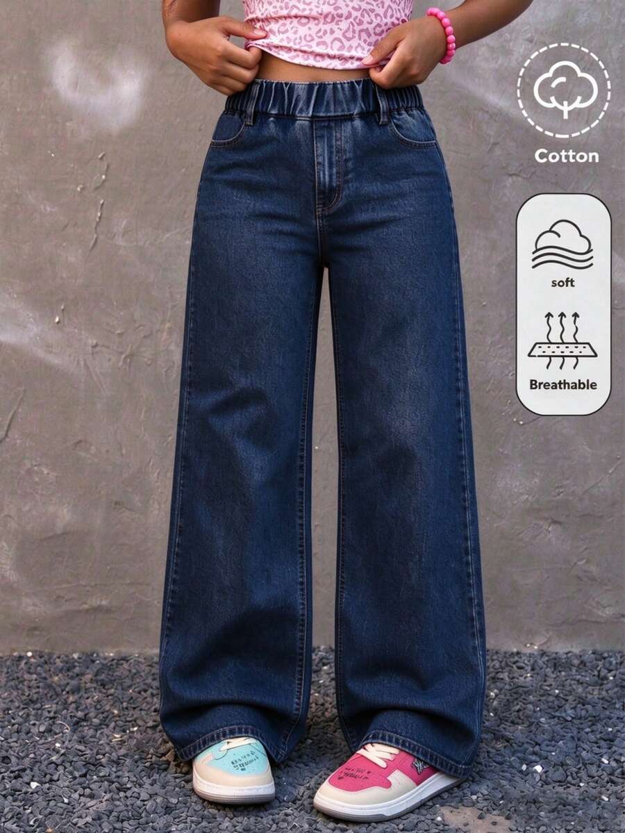 Tween Girl Vintage Blue Washed Straight Leg Loose Casual Denim Jeans - Blue - View 1