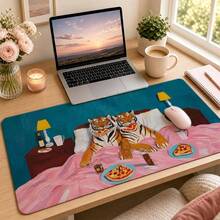 Tiger Pizza Night Illustration Extended Mouse Pad, Whimsical Bedroom Animal Art Pink Quilt Large Desk Mat With Stitched Edge, Smooth Cloth & Natural Rubber For Gaming Office Home Study Desk, 3 Sizes Available - View 3