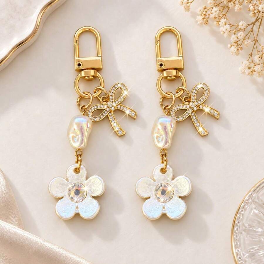 1pc/2pcs Women's French Style High-End Rhinestone Flower Pendant, Asymmetric Beaded Charm, Bowknot Pendant Keychain, Girly Bag Charm, Luggage Accessory - Multicolor - View 1