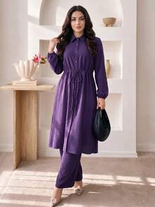 Women's Wrinkled Texture Lapel Front Button Cardigan Top + Wide Leg Pants 2pcs Set, Drawstring Waist Long Sleeve Casual Outfit, Elegant And Decent - Purple - View 7