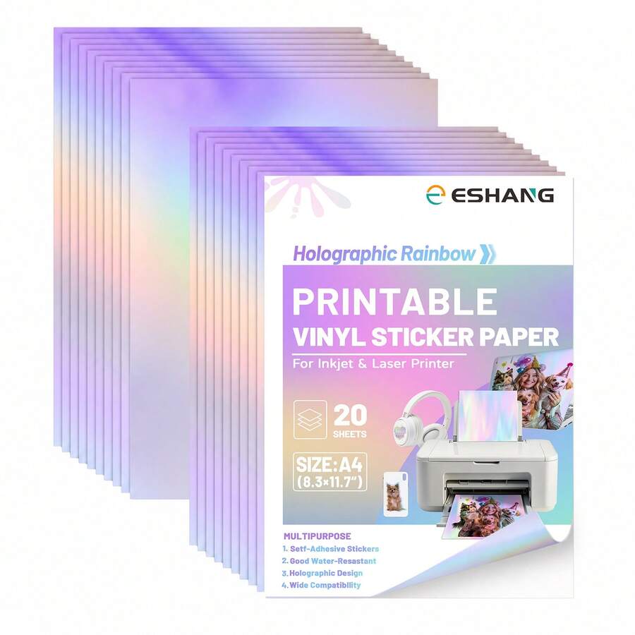 ESHANG 20 Sheets A4 Holographic Rainbow Vinyl Sticker Paper, Printable Holographic Rainbow Sticker Paper, Suitable For Inkjet And Laser Printers - 21.08 X 29.72cm, Self-Adhesive/Quick-Dry/Rainbow