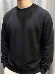 1pc Crew Neck Long Sleeve Sweatshirt, Loose Casual Fit, Shoulder Patchwork Design, Ribbed Cuffs And Hem, Minimalist Sporty Casual Top, Suitable For Daily Commute, Travel, Fitness, Autumn/Winter Wear - Black - View 5