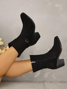 Solid Color Pointed Toe High Heel Buckle Slip-On Women's High Heel Boots Suitable For Shopping, Party, Dating, Home, Commuting, Fashion Casual Women's High Heel Boots - Black - View 6