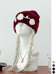 Handmade Crochet Beanie With 3D Flower, Floral Knit Winter Hat For Women, Warm Ear-Covering Hat, Face-Slimming Design, Atmosphere Style - Multicolor - View 5