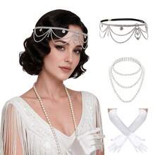3件組 1920年代 Flapper 女士配件套裝，復古珍珠項鍊、手套、水鑽派對飾品，女士用 - HD6513 - 查看 1