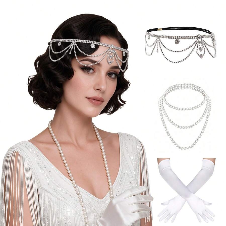 3件組 1920年代 Flapper 女士配件套裝,復古珍珠項鍊、手套、水鑽派對飾品,女士用 - HD6513 - 查看 1