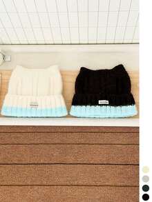 1pc Adorable Cat Ear Colorblock Knitted Beanie Hat For Women, Warm And Versatile, Face-Slimming Woolen Headwear For Autumn/Winter - Color-block Turned-edge Cat Ears - View 4