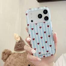 Autumn/Winter Striped Heart Pattern Full Coverage Phone Case Compatible With Iphone 18 Pro Max, 17, 17 Pro Max, 15, 16 Pro, Smooth Surface Anti-Drop Protective Cover - Blue - View 2