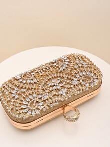 1pc Luxurious Rhinestone Floral Evening Clutch, Exquisite Full Rhinestone Heavy Craftsmanship, With Handle Ring For Crossbody Wear, Wedding Banquet Party Dress Matching, Light Luxury High-End Women's Evening Bag - Gold - View 5