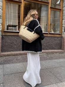 Plus Size Women's V-Neck Contrast Trim Knit Cardigan, Loose Drop Shoulder Buttonless Long Sleeve Sweater Jacket - Black - View 4