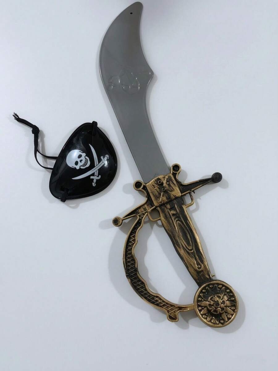 2件組加勒比海盜道具套裝,復古海盜彎刀 + 骷髏眼罩,萬聖節 Cosplay 裝扮道具刀,派對表演配件 - 彩色 - 查看 1