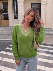 NOVELLE Women's Fresh Lace Lining Patchwork V-Neck Knit Sweater, Autumn Winter Loose Lazy Style Pullover, For Commute, Dating And Daily Going Out - Green - View 2