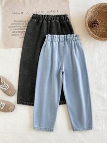 2pcs/Set Girls' Spring/Autumn Bow & Floral Embroidered Denim Jeans, Casual Vacation Wear, Elastic Waist Long Pants - Multicolor - View 2