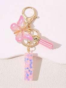 Women's Fashion Initial Keychain With Cute Butterfly Tassel Sequin Resin Letter Key Ring Pendant, Backpack Wallet Handbag Car Key Chain Charm, Valentine's Day Gift For Girlfriend - Pink - View 37
