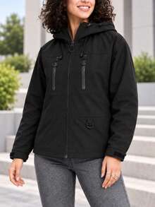 Women's Casual Hooded Jacket With Zippered Pockets Adjustable Hood Stand Collar Zip Front Outdoor Outerwear. - Black - View 4