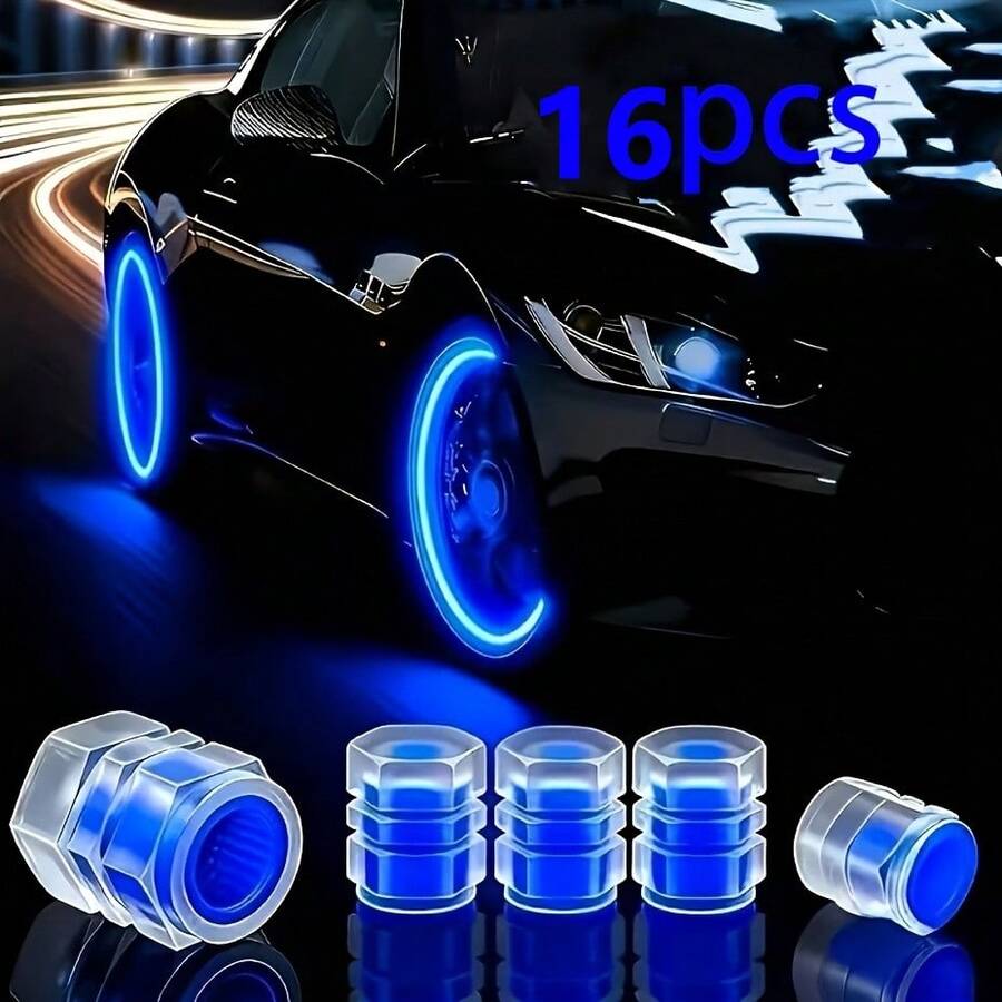 New Glow-In-The-Dark Tire Valve Caps (Universal Fit) 1 Set (16 Glow-In-The-Dark Valve Caps), Fluorescent Tire Valve Caps, Durable ABS Material, Suitable For Cars, SUVs, Bicycles - CC - View 1