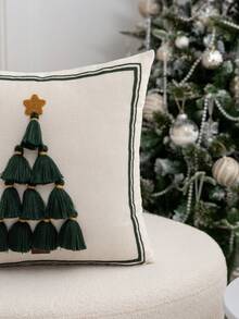 1pc Christmas Green Tassel Christmas Tree Embroidered Pillow Case, Suitable For Indoor Decoration, Christmas Decoration, All-Season Pillow Case, Without Insert - Green - View 6