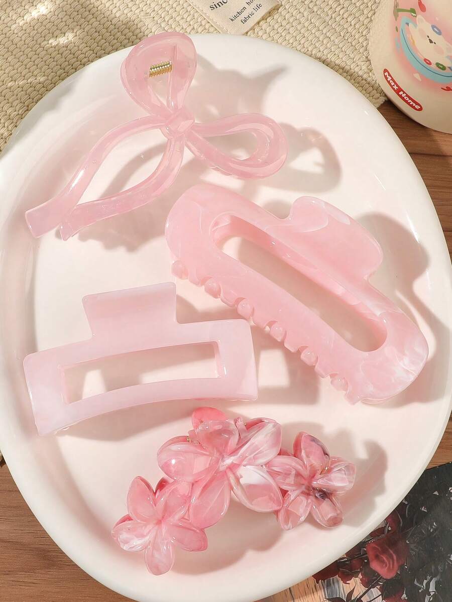 4pcs Jelly Sakura Pink Gradient Bow Square Flower Oval Oversized Hair Claw Clips, Sweet Versatile Hair Accessories For Girls, Spring/Summer - Multicolor - View 1