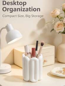 1pc INS Cream Style Minimalist Geometric Texture Pen Holder, High-Value Desktop Storage Bucket, Multi-Functional Makeup Brush Holder, Suitable For Vanity Makeup Storage Decor, Beauty Storage Solution, Home Decor Gift - White - View 4