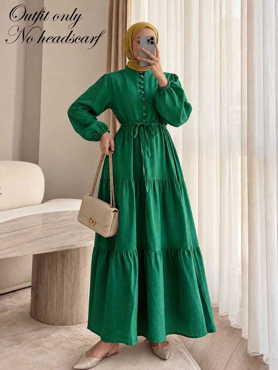 Women's Elegant Solid Color Button Waist Belt Tie-Up Long Sleeve Lantern Sleeve Patchwork Hem Maxi Dress Fall - Emerald - View 1