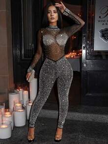Women's Fashionable Solid Color Mesh Shiny Rhinestone Long Sleeve Jumpsuit, Suitable For Holidays And Graduation Ceremony Wedding Black Party Fall - Black - View 3