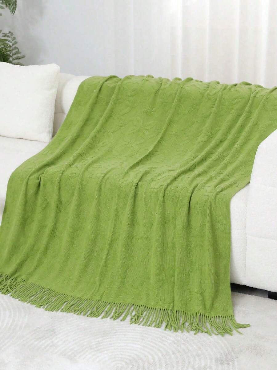 1 pièce Tapis à motif de chaîne, couverture de lit en acrylique de style nordique rectangulaire de couleur unie tricotée, convient pour la maison, le bureau, la sieste - Herbe verte - Voir 1