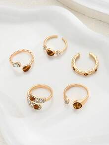 5pcs Fashion Minimalist Elegant Vintage Teardrop Faux Tiger Eye Stone Rhinestone Inlaid Ring Set For Women, Suitable For Vacation, Date, Party, Ball, Banquet, Festival, Birthday Gift, Daily Wear - Multicolor - View 10