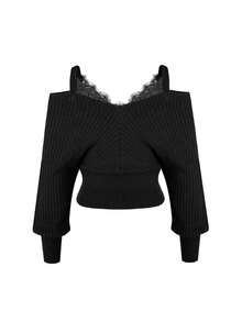 Women's Black Ribbed Knit Open Shoulder Sweater, Lace Trim V-Neck, Long Sleeve Pullover, Suitable For Autumn/Winter - Black - View 9