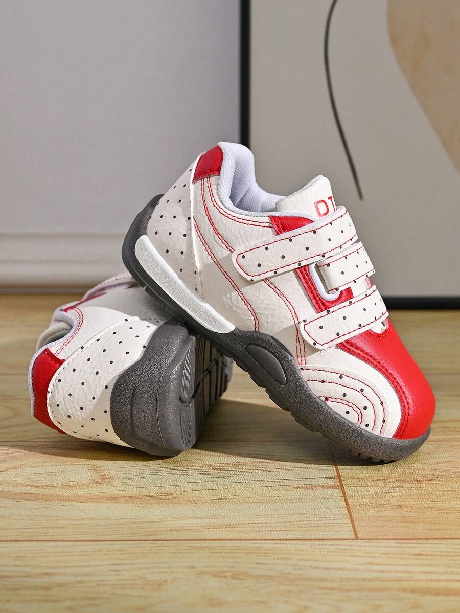 Girls' Colorblock Hook & Loop Casual Sneakers, Red & White Contrast Breathable Perforated Non-Slip Versatile Sports Walking Shoes - Red - View 1