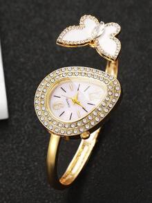 Women's Fashion Casual Water Drop Rhinestone Butterfly Bracelet Quartz Watch, Gift For Girlfriend (1pc/Set) Watch Box Not Included - Gold - View 6