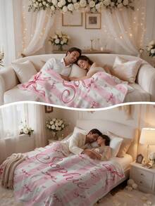 1pc Customized Soft Plush Blanket, Customizable Name, Pink Striped Heart Bow Print Design, Personalized Name Blanket, Personalized Gift For Family, Customized Commemorative Gift For Wife And Husband, Very Suitable For Home Use Warm Blanket, Customized Plush Blanket For Wife On Valentine's Day - Multicolor - View 8