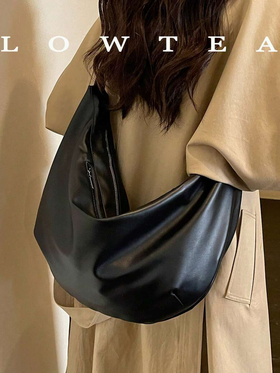 1pc Solid Color PU Fabric Shoulder Bag Women's Casual Large Capacity Big Button Hobo Bag Large Capacity Dumpling Bag College Student BOOK Bag Suitable For Daily Shopping Commuting Use - Black - View 1