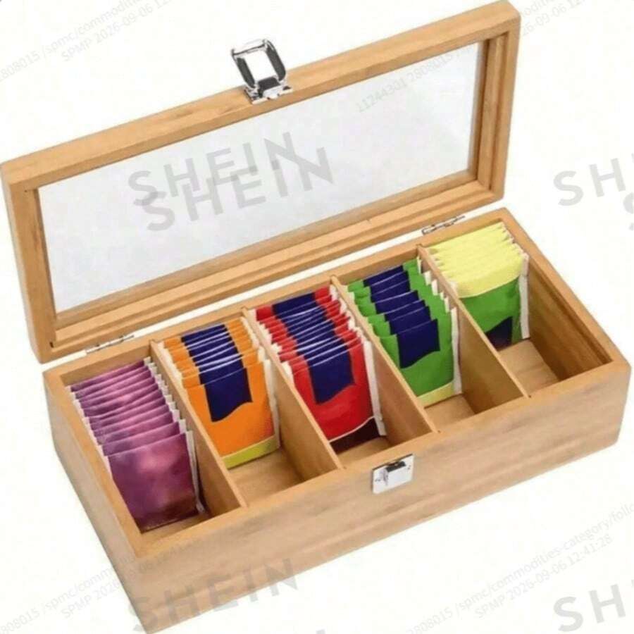 1pc Bamboo Tea Bag Storage Box With Lid - Multi-Compartment Organizer For Tea, Coffee And Office Supplies, Natural Wood Grain Design With Colorful Tea Bag Display Function, Ideal For Kitchen Or Office Organization, Perfect For Tea Storage And Back To School Season - Multicolor - View 1