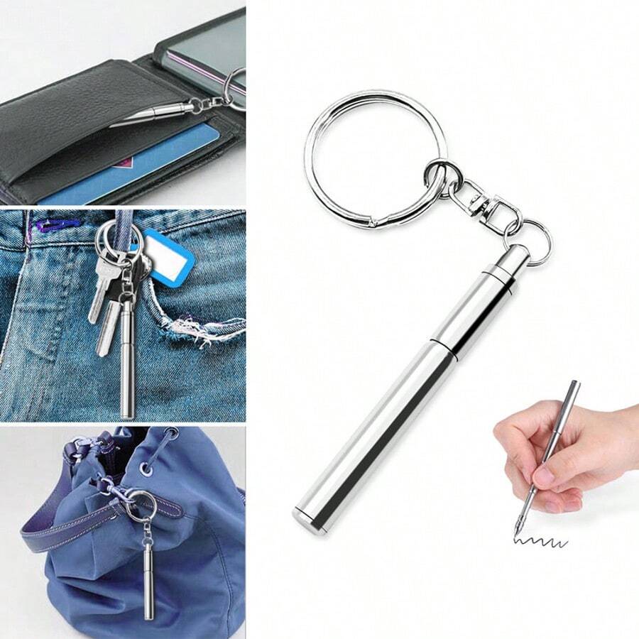 Mini Stainless Steel Keychain Ballpoint Pen, Neutral Ink, Portable Pocket Pen With Built-In Clip For Keys And Backpacks, Screw-On Cap Design, Secure Cap, Durable And Drop-Resistant, Compact Space-Saving, Emergency Writing, Suitable For Outdoor Travel And Office Notes, Metal Texture - Rectangle - View 1