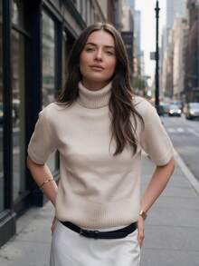 Women Turtleneck Short Sleeve Sweater Knit Top Ribbed Hem Basic Layering Outfits For Fall Winter Daily Commuting Going Out Dating - Apricot - View 1