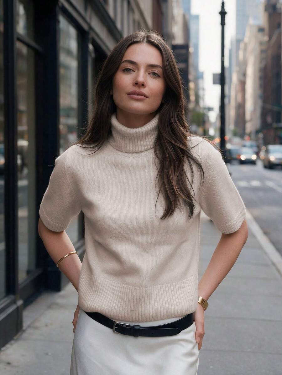 Women Turtleneck Short Sleeve Sweater Knit Top Ribbed Hem Basic Layering Outfits For Fall Winter Daily Commuting Going Out Dating - Apricot - View 1