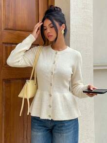 Fashionable Women's Fitted Button-Up Cardigan Sweater, Long Sleeve Ribbed Knit Top With Flared Hem And Round Neck, Suitable For Daily Wear And Autumn/Winter Fashion - Apricot - View 5
