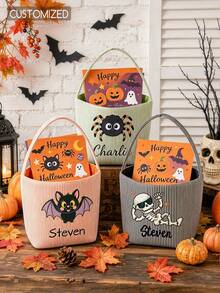 Personalized Custom Name Halloween Trick Or Treat Striped Fabric Tote Basket, Ghost Pumpkin Witch Hat Pattern, Customized Text Handle Storage Basket, Halloween Party Decoration - Multicolor - View 4