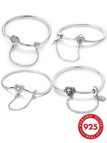 1pc S925 Sterling Silver Snake Chain All-Match Bracelet, Multiple Pink Diamond Heart Clasp With Safety Chain, Hollow Carved Design, Heart-Shaped Main Stone, Customizable DIY Beaded, Comes With Gift Box, Gentle Girl Style, Versatile Handmade Jewelry Base For Gifting - Multicolor - View 12