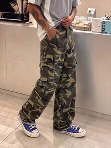 Streetwear Camouflage Multi-Pocket Cargo Pants For Men, 3D Large Pockets, Frayed Hem, Loose Straight Leg Long Pants, Outdoor American Style - Army Green - View 2