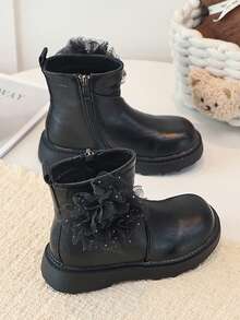 Girls' Ankle Boots, Mesh Flower Decoration, Side Zipper, Thick Sole Anti-Slip, Autumn/Winter Princess Boots - Black - View 4