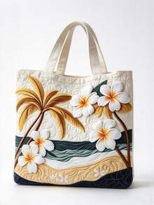 Women's Tote Bag, Quilted Canvas With 3D Floral & Animal Prints, Large Capacity Shoulder Bag, Boho Art Style For Beach, Shopping & Daily Use - Multicolor - View 8