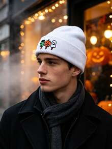 Men's Halloween Embroidered Knit Hat, , Pumpkin, Ghost And Ice Cream Pattern Winter Beanie - A - View 3