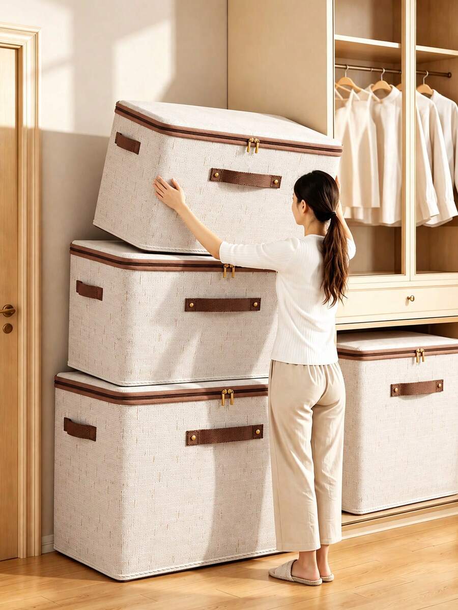 1pc Minimalist Solid Cotton Linen Blend Foldable Storage Box With Dustproof Lid, Breathable Thickened Stackable Closet Bin W/ Handles, Space-Saving For Bedroom, Dorm, Clothes, Underwear, Socks, Toys & Sundries,Home Essentials