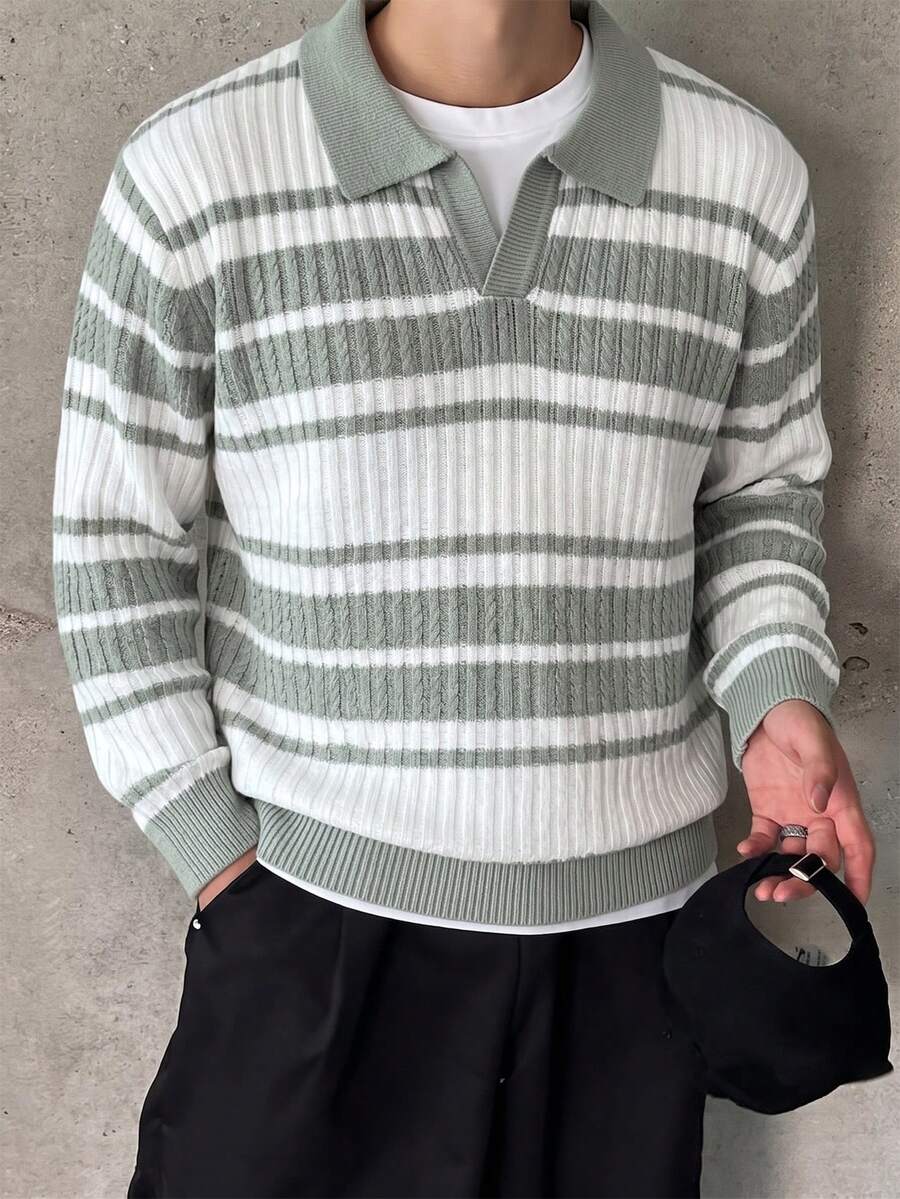 1pc Boys' Teen Retro Colorblock Green & White Striped Knit Polo Shirt, Autumn/Winter - Green - View 1