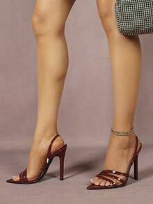 Women's European And American Style Burgundy Pointed Toe Stiletto Heel Sandals With Back Strap And Stilettos, Party Evening Shoes - Burgundy - View 6