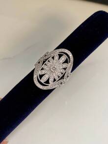 1pc Vintage Cubic Zirconia Hollow Flower Open Copper Alloy Ring, Suitable For Women's Party And Gathering - Silver - View 4