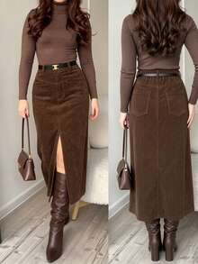 Rok Panjang Wanita Ukuran Plus Bahan Korduroi Vintage Panjang Sedang Pinggang Tinggi Belahan Depan Desain Saku Cokelat Musim Gugur/Dingin - Mocha Brown - View 2