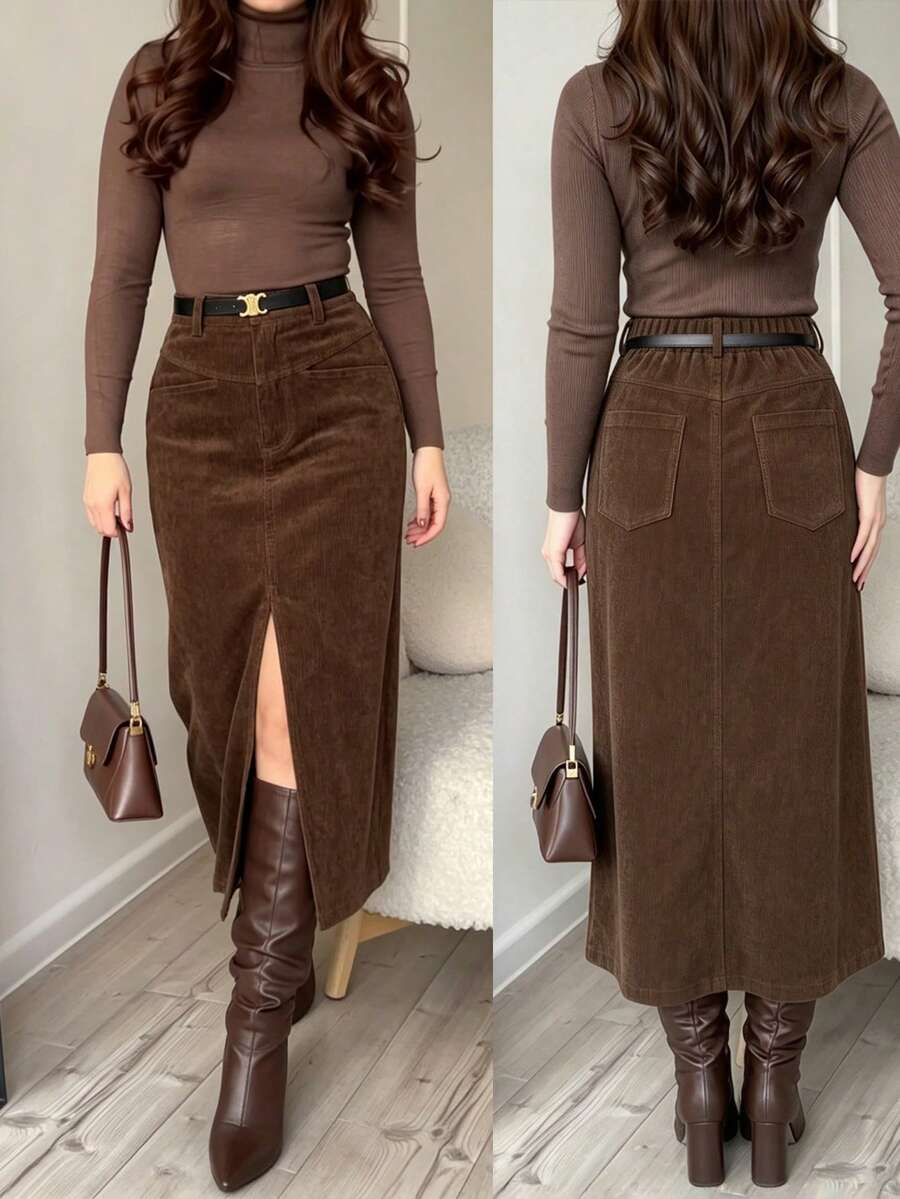 Rok Panjang Wanita Ukuran Plus Bahan Korduroi Vintage Panjang Sedang Pinggang Tinggi Belahan Depan Desain Saku Cokelat Musim Gugur/Dingin