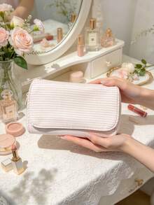 1pc Cute Zipper Cosmetic Bag With Mirror Striped Polka Dot Makeup Pouch Portable Toiletry Storage Bag Aesthetic Small Coin Wallet For Daily & Travel - Multicolor - View 8